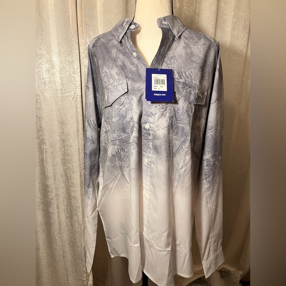 NWT HUK Men's Ombre Gray and White Casual Fishing Shirt. Large. Easy care.